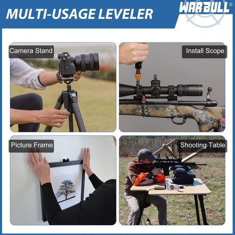 Universal Scope Leveling Kit With Magnetic Base in use for camera stand, scope install, picture frame, and shooting table setup.