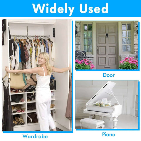 Woman using wardrobe with 2 Pack 6 Inch Stainless Steel Piano Hinges for cabinets, doors, and piano, highlighting versatility.