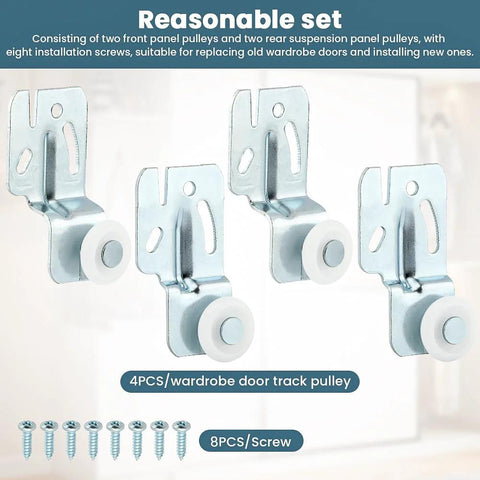 Top Hung Sliding Door Roller Kit Wardrobe Hardware For Bypass Doors 4Pcs Closet Wheels Compatible With 3/4 Inch To 1-3/8 Inch Thick Sliding Doors 7/8 Inch Diameter Rollers Front Offset 1/4 Inch Rear Offset 1/2 Inch