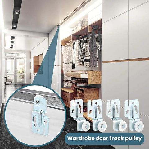 Top Hung Sliding Door Roller Kit Wardrobe Hardware For Bypass Doors in use, showing 4-piece closet wheels for 3/4 to 1-3/8 inch doors.