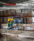 Two workers in warehouse inspecting cartons labeled Durable Packaging with forklift in background