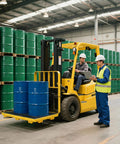 Warehouse with forklift moving oil drums; focus on 2 Drum Modular Spill Containment Pallet With 2000 Lbs Capacity, Leakproof Stackable Industrial Tray, UV Stabilized Polyethylene, Heavy Duty Chemical Resistant For Oil And Solvent Safe Indoor Outdoor Use, 4 Inch Deep Walls, OSHA EPA Spill Control Ready