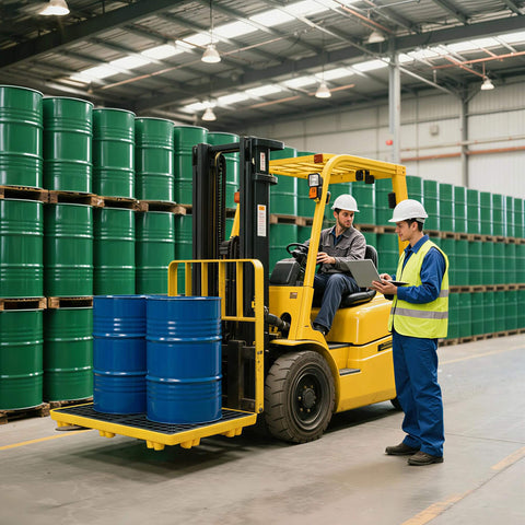 Warehouse with forklift moving oil drums; focus on 2 Drum Modular Spill Containment Pallet With 2000 Lbs Capacity, Leakproof Stackable Industrial Tray, UV Stabilized Polyethylene, Heavy Duty Chemical Resistant For Oil And Solvent Safe Indoor Outdoor Use, 4 Inch Deep Walls, OSHA EPA Spill Control Ready
