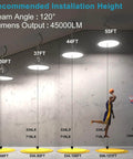 Ultra Bright LED Warehouse High Bay Light 300W UFO Shop Light 45000 Lumens installation height diagram.