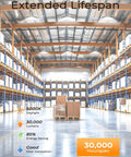 Warehouse with shelves and boxes showcasing UFO LED High Bay Lights 200W 30,000LM Ultra Bright Energy Saving Industrial Shop Lights.