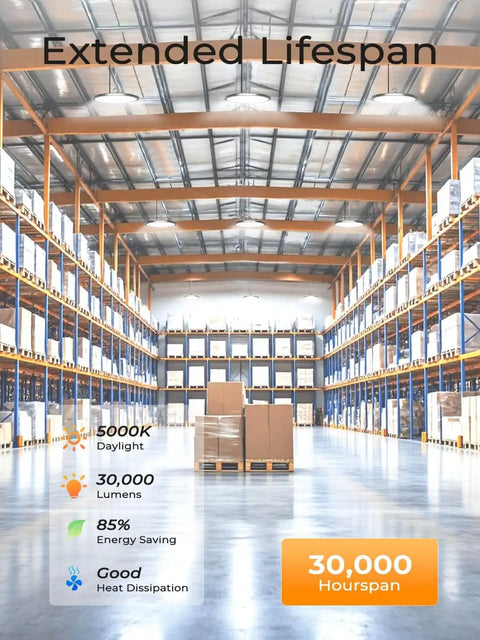 Warehouse with shelves and boxes showcasing UFO LED High Bay Lights 200W 30,000LM Ultra Bright Energy Saving Industrial Shop Lights.