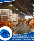 Warehouse with workers using 74 Inch Flexible Pallet Strap Feeder For Half To Three Quarter Inch Polyethylene Strapping With Stick Guide Through Pallets.