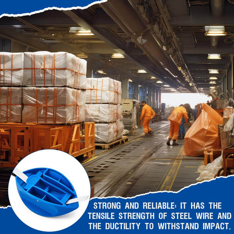 Warehouse with workers using 74 Inch Flexible Pallet Strap Feeder For Half To Three Quarter Inch Polyethylene Strapping With Stick Guide Through Pallets.