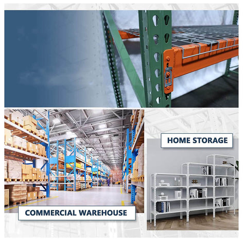 Pallet Rack Safety Clips 10 Pack 67x29mm Universal Beam Clip Connectors Galvanized Metal To Prevent Beam Disconnection And Secure Stacked Loads On Racking System shown in various warehouse and storage setups