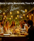 Brighten patios and yards with 100 ft weatherproof LED string lights, 37 ST38 bulbs, warm 2700K glow, remote dimming at outdoor dinner