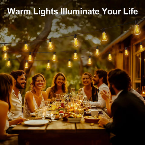 Brighten patios and yards with 100 ft weatherproof LED string lights, 37 ST38 bulbs, warm 2700K glow, remote dimming at outdoor dinner