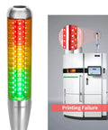 Industrial Warning Light Tower 24V DC With All Metal Aluminum Body And Bulletproof PC Cover 3 Color Red Yellow Green Tower Signal Indicator Lamp Continuous Light With Buzzer Built Tough For Harsh Environments in use on industrial machine showing a printing failure alert.