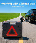 Warning Sign Storage Box with triangle symbol on road and man changing tire beside SUV