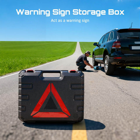 Warning Sign Storage Box with triangle symbol on road and man changing tire beside SUV