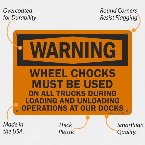 Warning Sign Wheel Chocks Required On All Trucks During Loading And Unloading At Our Docks Stay Safe 10 X 14 Inch Plastic Sign Durable HDPE Recyclable Base With Rounded Corners SmartSign displayed with annotations for durability and quality features.