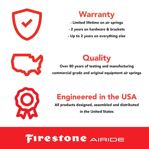 Firestone Airide warranty and quality information image with USA map and checkmark symbol, highlighting design and assembly in the USA.