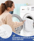 Woman placing the machine washable cover of the Memory Foam Toddler Bed Rail Bumper For All Bed Sizes With Non Slip Machine Washable Cover Safe Anti Fall Guard Rail Queen King Twin Full Size Bed Guard Protection For Child Sleep into a washing machine.