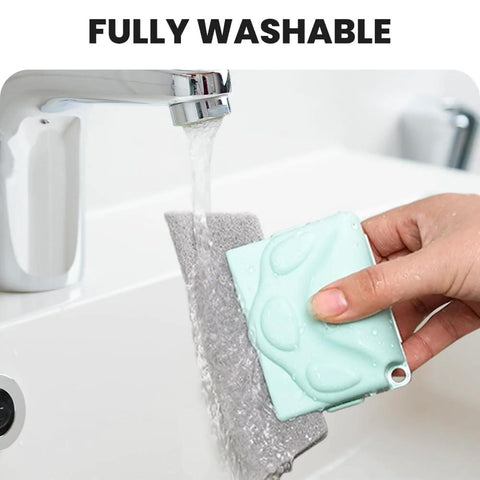 Hand washing a Window Groove Cleaning Brush Set with Magic Track Cleaner Mini Brush under tap water
