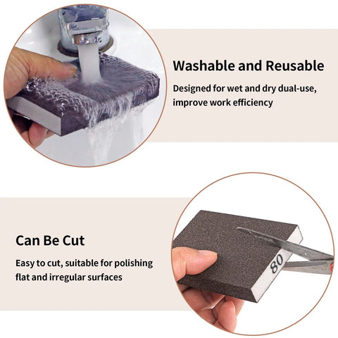 Using Eight Pack Hand Sanding Block Set Grits 60 80 120 220 for Wood Metal Drywall; washing under tap, cutting with scissors