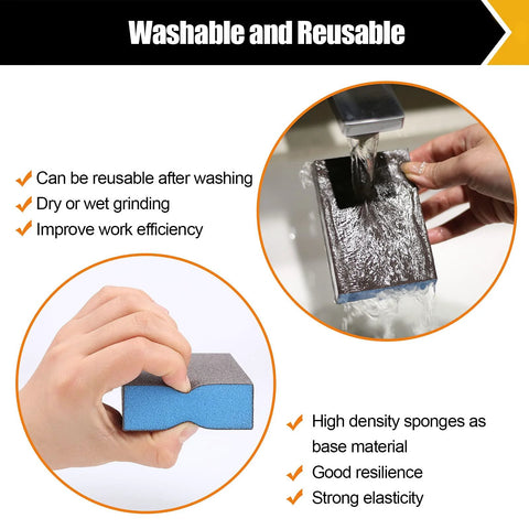 Person washing a sanding block under tap; part of 10 Pack Washable Sanding Blocks With Grit 60 80 120 180 220 For Wood Or Metal.