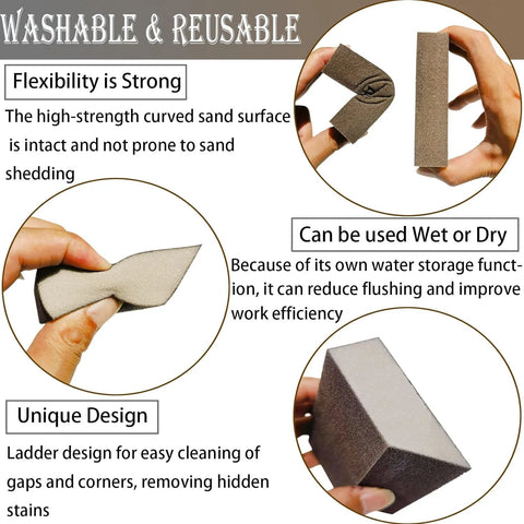 4 Pack 220 Grit Single Angle Sanding Sponges For Wood Metal Drywall, showing flexibility, wet or dry use, unique design