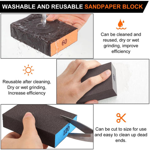 Assorted Grit Sanding Block Set 60 80 120 220 Blocks For Wood Drywall Metal showing reusable, washable blocks in use.