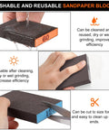 8 Pack Sandpaper Blocks With Grits 60 80 120 220 Washable Reusable Sponges showing wet and dry use, cutting to size