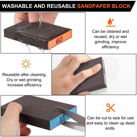 8 Pack Sandpaper Blocks With Grits 60 80 120 220 Washable Reusable Sponges showing wet and dry use, cutting to size
