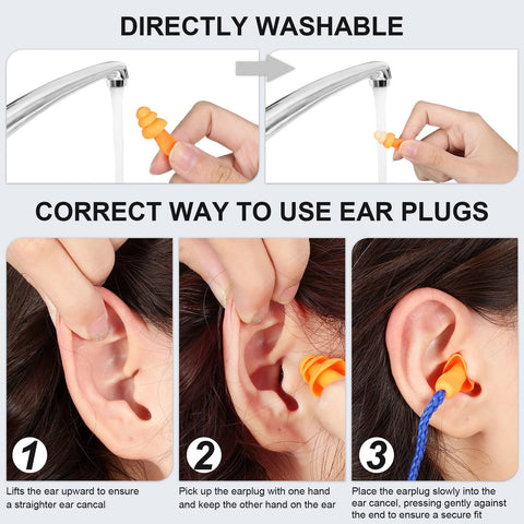Instructions for using Reusable Silicone Corded Ear Plugs Two Bags Of 100 Pairs Each Individually Wrapped Hearing Protection