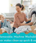 Mother and child doing laundry with Soft Foam Toddler Bed Bumper Guard cover in washing machine