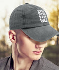 Washed Distressed Baseball Cap For Women With Adjustable Strap Comfortable Fit And Versatile Style in Light Grey with Stay Weird Stay Wild text