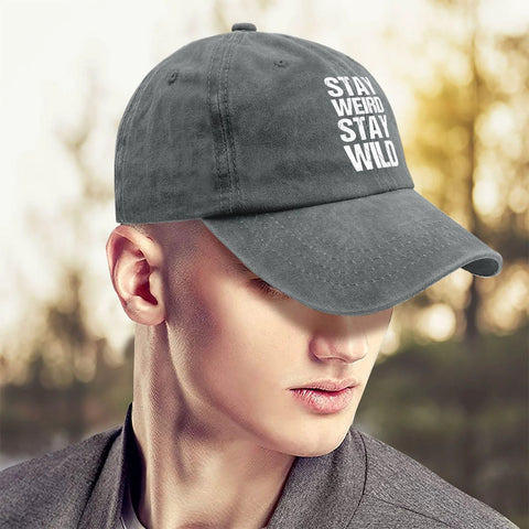 Washed Distressed Baseball Cap For Women With Adjustable Strap Comfortable Fit And Versatile Style in Light Grey with Stay Weird Stay Wild text