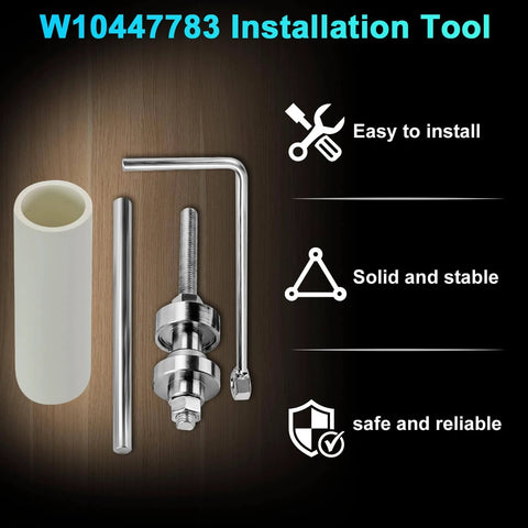 Washer Bearing Tool Kit and Tub Seal Replacement for Whirlpool Cabrio and Maytag Bravos XL Washers, shown with installation tools.