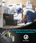 Technician using Washer Bearing Tool Kit and Tub Seal Replacement for Whirlpool Cabrio and Maytag Bravos XL Washers