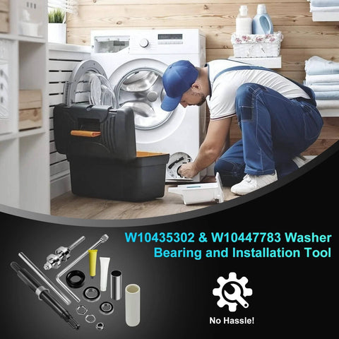 Technician using Washer Bearing Tool Kit and Tub Seal Replacement for Whirlpool Cabrio and Maytag Bravos XL Washers