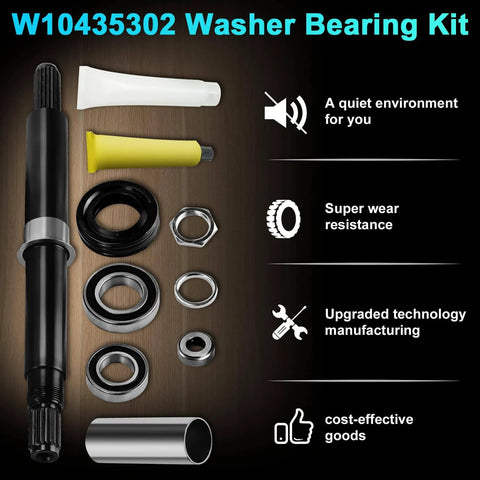 W10435302 Washer Bearing Tool Kit for Whirlpool Cabrio and Maytag Bravos XL, includes tub seal replacement, parts displayed