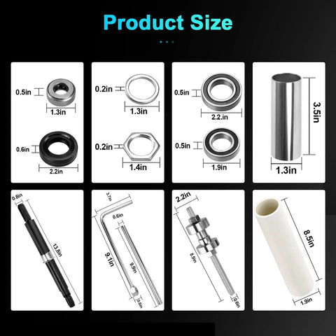 Dimensions of Washer Bearing Tool Kit and Tub Seal Replacement for Whirlpool Cabrio and Maytag Bravos XL Washers components.