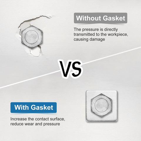 Comparison of bolt without and with Stainless Steel Square Washer Plate showing damage prevention and load distribution