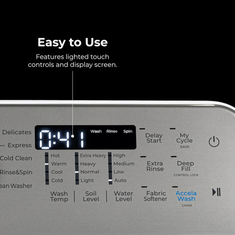 Close-up of LED controls and display screen on efficient 4.4 cu ft top load washer with Accela Wash and Express Wash cycles.