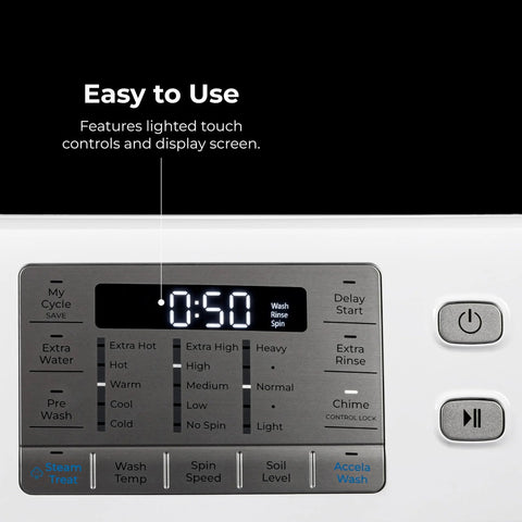 Control panel of efficient 4.5 cu ft front-load washer with steam stain removal and Accela Wash, LED display and buttons visible.