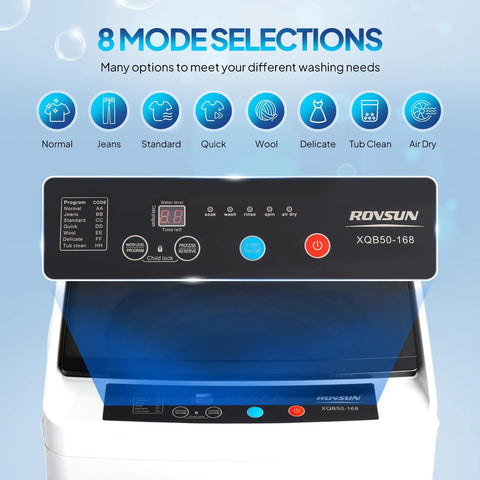Control panel of a two in one space saving washer and dryer combo that handles up to 17.8 lb wash and 10.6 lb dry, showing 8 mode selections