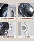Portable Washer And Dryer Combo For Small Spaces With One Point Eight Cu Ft Capacity Including 18 Lb Wash Load And 12 Lb Dry Load Ideal For Apartments Dorms RVs And Tiny Homes All In One Compact Laundry Solution With Wash Cycles And Efficient Drying showing premium class door, stainless steel drum, magnetic door lock, and air outlet features.