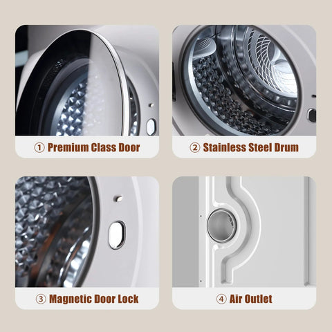 Portable Washer And Dryer Combo For Small Spaces With One Point Eight Cu Ft Capacity Including 18 Lb Wash Load And 12 Lb Dry Load Ideal For Apartments Dorms RVs And Tiny Homes All In One Compact Laundry Solution With Wash Cycles And Efficient Drying showing premium class door, stainless steel drum, magnetic door lock, and air outlet features.