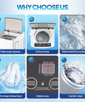 Collage of features of the two in one space saving washer and dryer combo that handles up to 17.8 lb wash and 10.6 lb dry, with display.