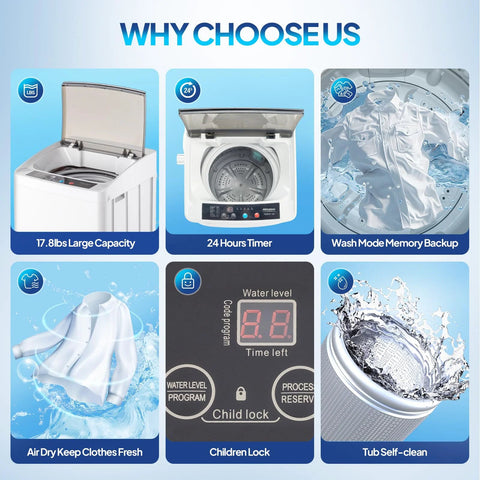 Collage of features of the two in one space saving washer and dryer combo that handles up to 17.8 lb wash and 10.6 lb dry, with display.