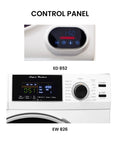Close-up of control panels for compact, stackable washer and vented dryer set deliver reliable 15 lb washing and 3.5 cu ft drying