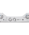 Control panel of a compact 27 inch unitized washer and electric dryer in one space-saving cabinet featuring multiple cycle options