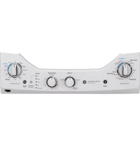 Control panel of a compact 27 inch unitized washer and electric dryer in one space-saving cabinet featuring multiple cycle options