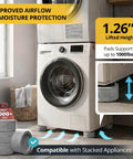 Washer on Silent Guys pads for 1.26 inch lift, supporting up to 1000 lbs, improved airflow and moisture protection highlighted.