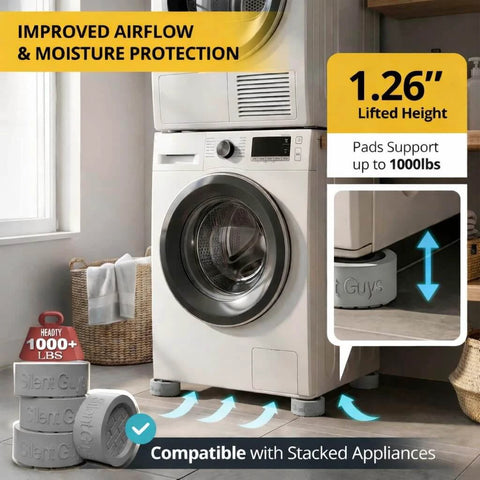 Washer on Silent Guys pads for 1.26 inch lift, supporting up to 1000 lbs, improved airflow and moisture protection highlighted.
